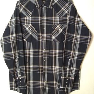 Plains Western Wear Shirt Mens L Tall Pearl Snap Frnt/Pkt/Cuff V-Yoke Blue NWOT